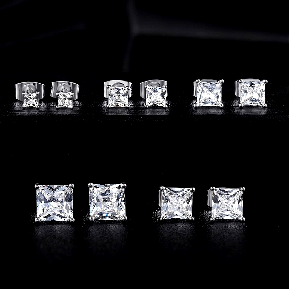 5 Pairs 18k Gold Diamond Stud Princess Cut Earrings 99$